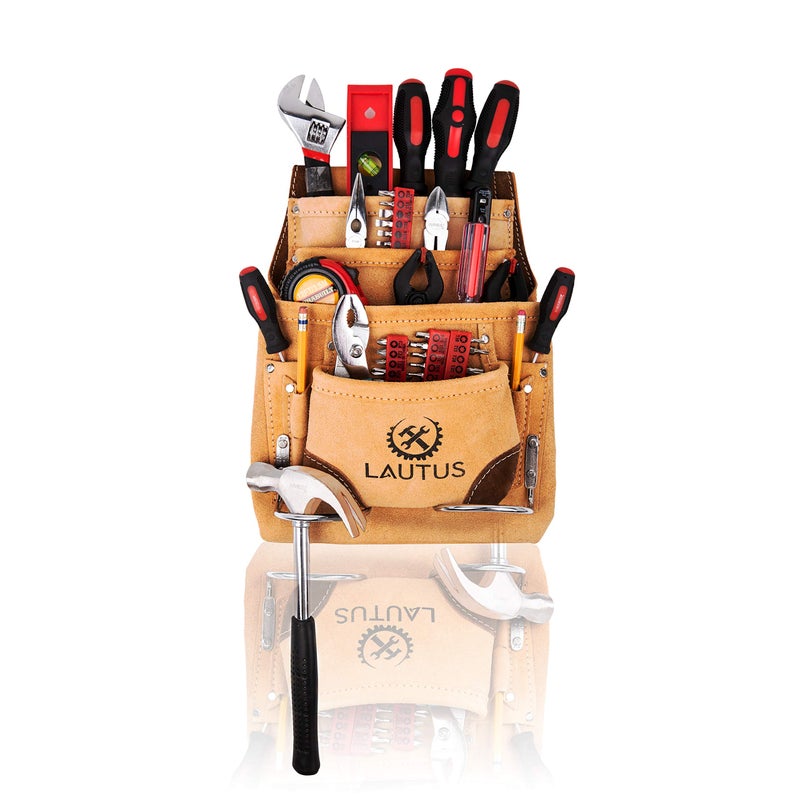 LAUTUS Leather Tool Pouch Bag |Carpenter, Construction, Framers, Handyman |2 Hammer Holders, 10 Pockets| - Image 2